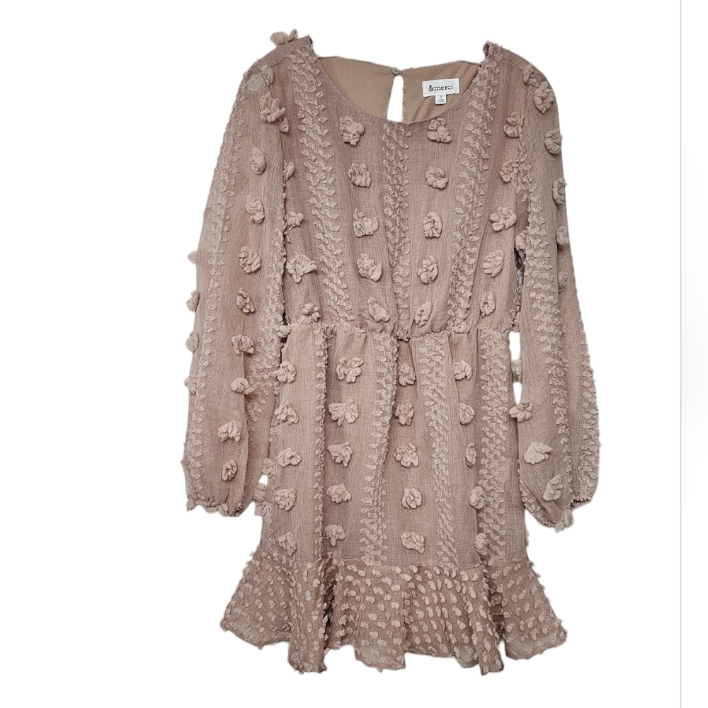 &merci Beige Nude Fairycore Mini Dress Puff Long Sleeves 3D Floral Appliques Sm - Picture 2 of 11